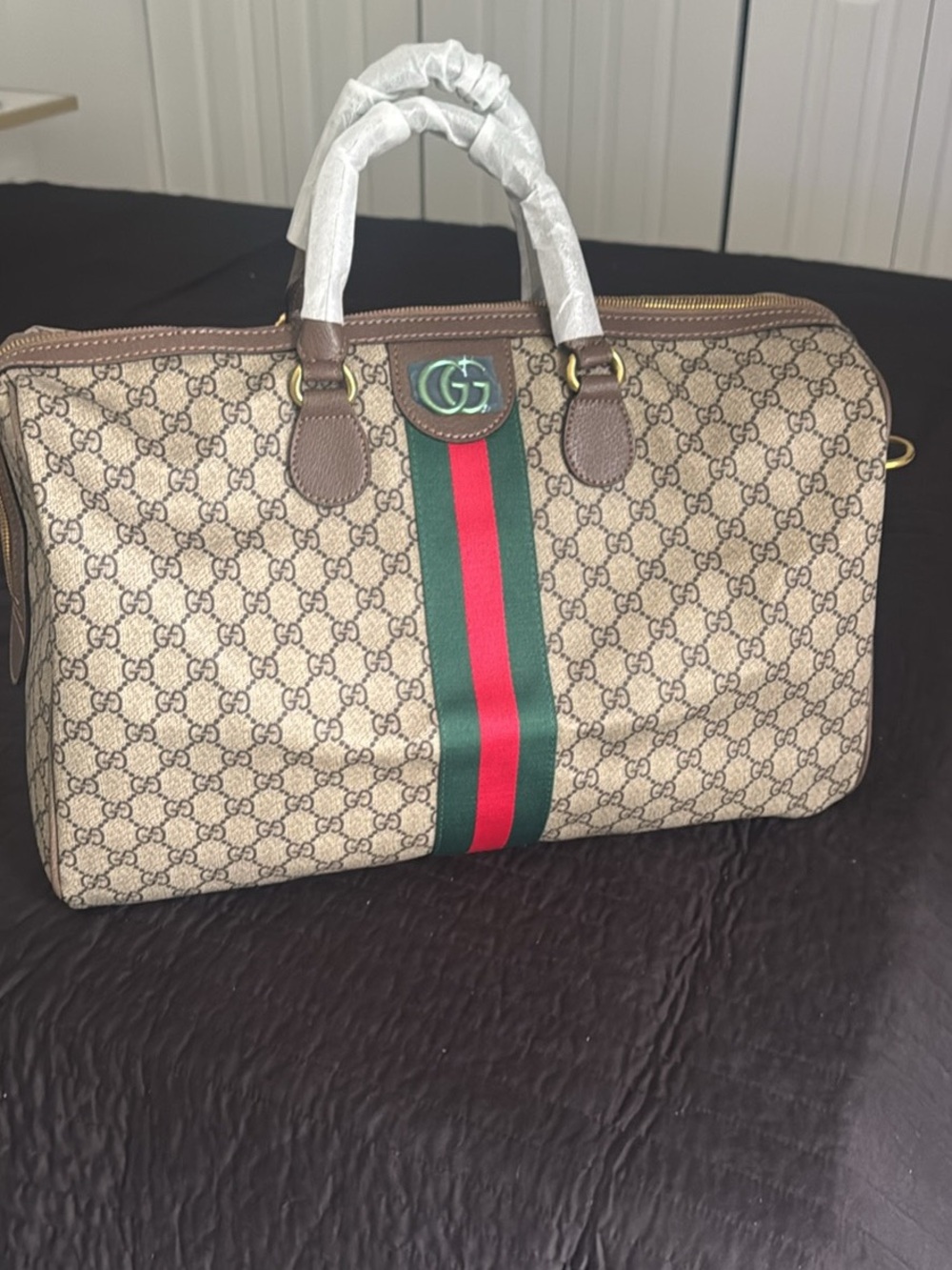 Gucci Beige GG Canvas Travel Boston Bag with Green and Red Stripe